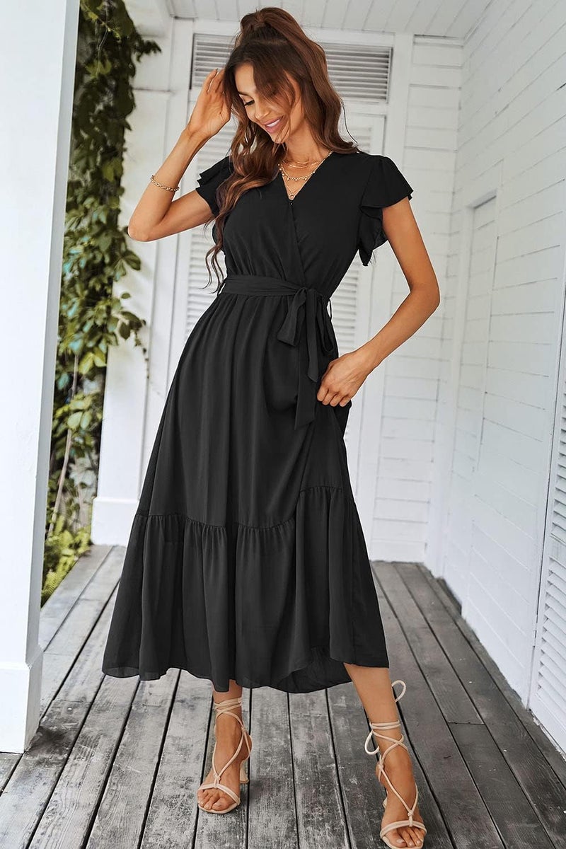 PRETTYGARDEN Store Women's Summer Floral Boho Maxi Dress Short Sleeve Wrap V Neck Ruffle Long Flowy Beach Wedding Guest Dresses - Image 2